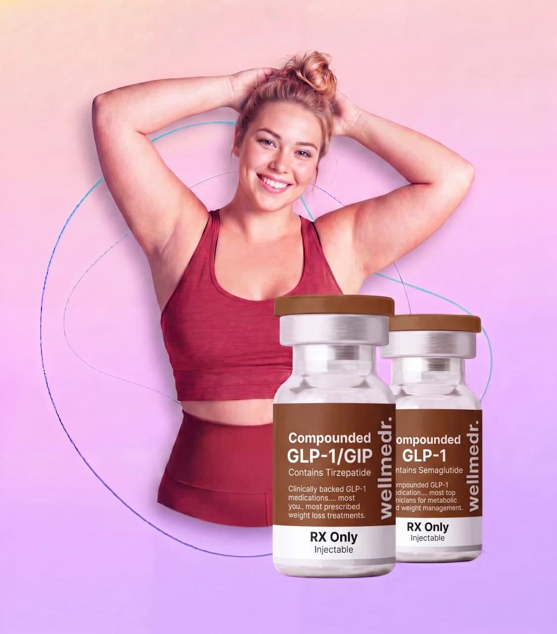 Woman in athletic wear beside WellMedr compounded GLP-1/GIP medication bottles